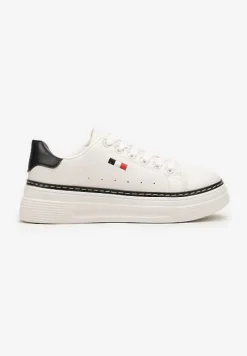Biało-Czarne Sznurowane Sneakersy na Płaskiej Podeszwie z Lamówką Fedat