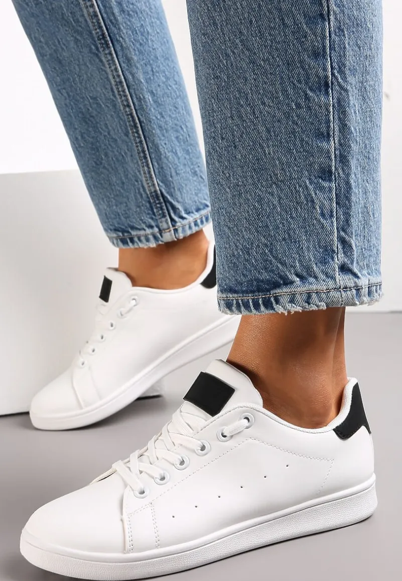 Biało-Czarne Wiązane Sneakersy na Płaskiej Podeszwie z Przeszyciami Ereath