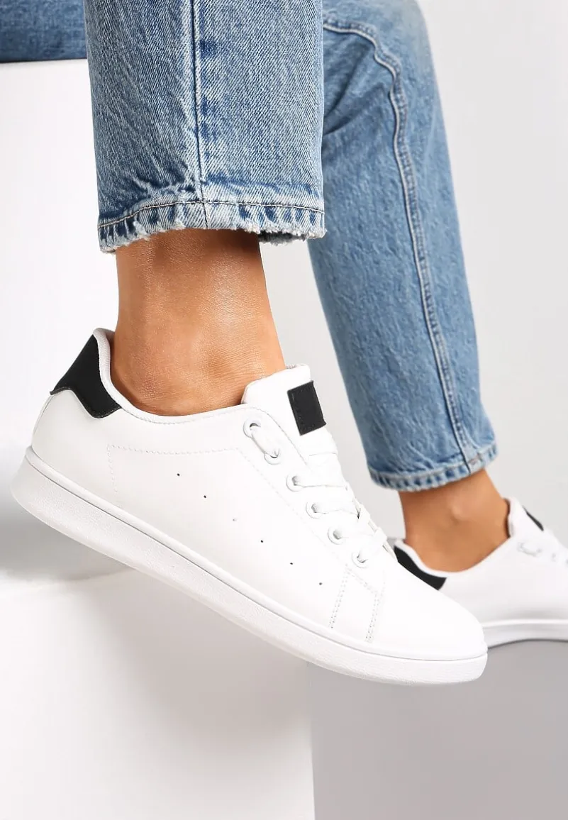 Biało-Czarne Wiązane Sneakersy na Płaskiej Podeszwie z Przeszyciami Ereath