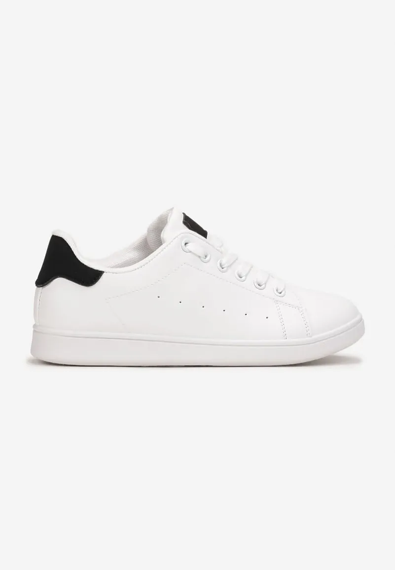 Biało-Czarne Wiązane Sneakersy na Płaskiej Podeszwie z Przeszyciami Ereath