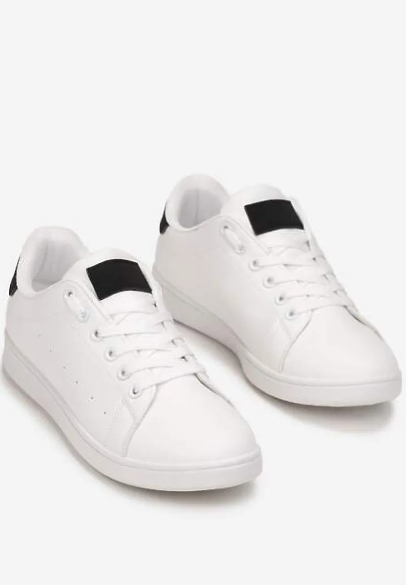 Biało-Czarne Wiązane Sneakersy na Płaskiej Podeszwie z Przeszyciami Ereath