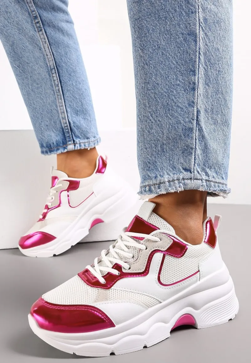Biało-Fuksjowe Sneakersy na Grubej Podeszwie ze Wstawkami z Perforacją Lanya