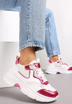 Biało-Fuksjowe Sneakersy na Grubej Podeszwie ze Wstawkami z Perforacją Lanya