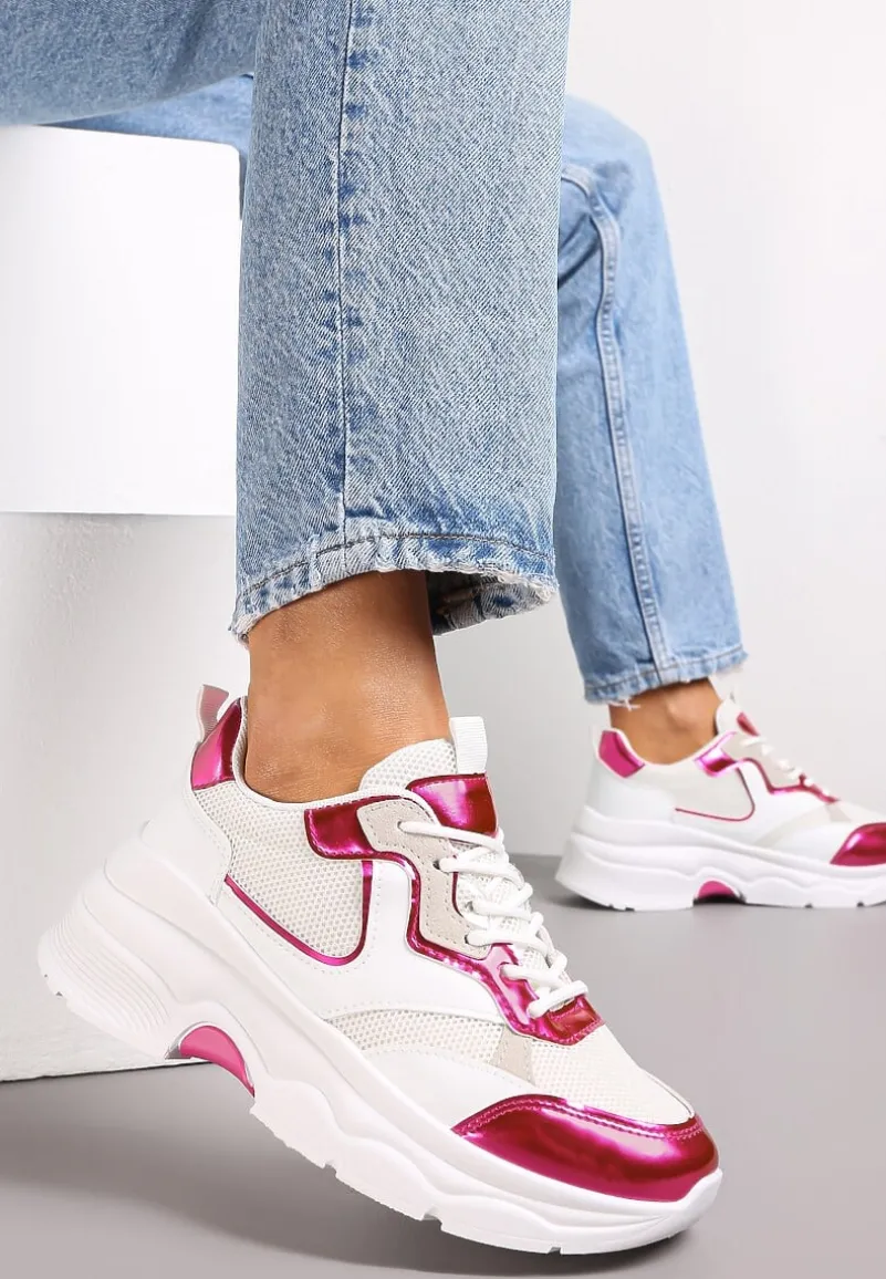 Biało-Fuksjowe Sneakersy na Grubej Podeszwie ze Wstawkami z Perforacją Lanya