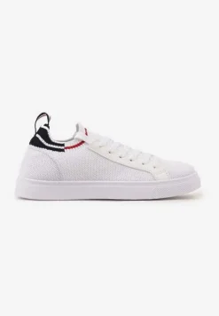 Biało-Granatowe Płaskie Sneakersy Wsuwane z Imitacji Skóry ze Sznurowaniami Gaxia