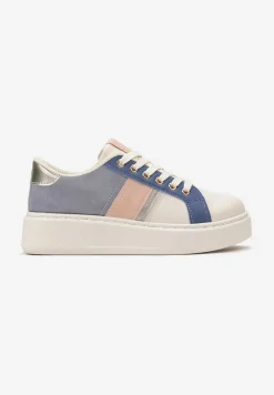 Biało-Niebieskie Buty Sneakersy ze Złotymi Aplikacjami na Grubej Podeszwie z Ozdobną Wstawką Bordea