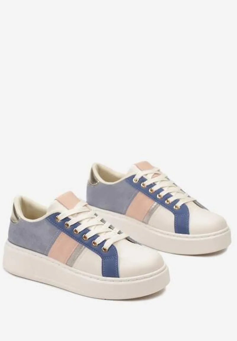 Biało-Niebieskie Buty Sneakersy ze Złotymi Aplikacjami na Grubej Podeszwie z Ozdobną Wstawką Bordea