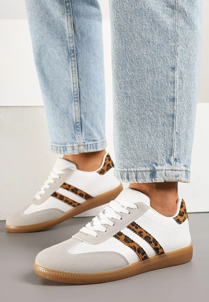 Biało-Panterkowe Sneakersy Typu Kultowe Tenisówki Zdobione Przeszyciami Remiana