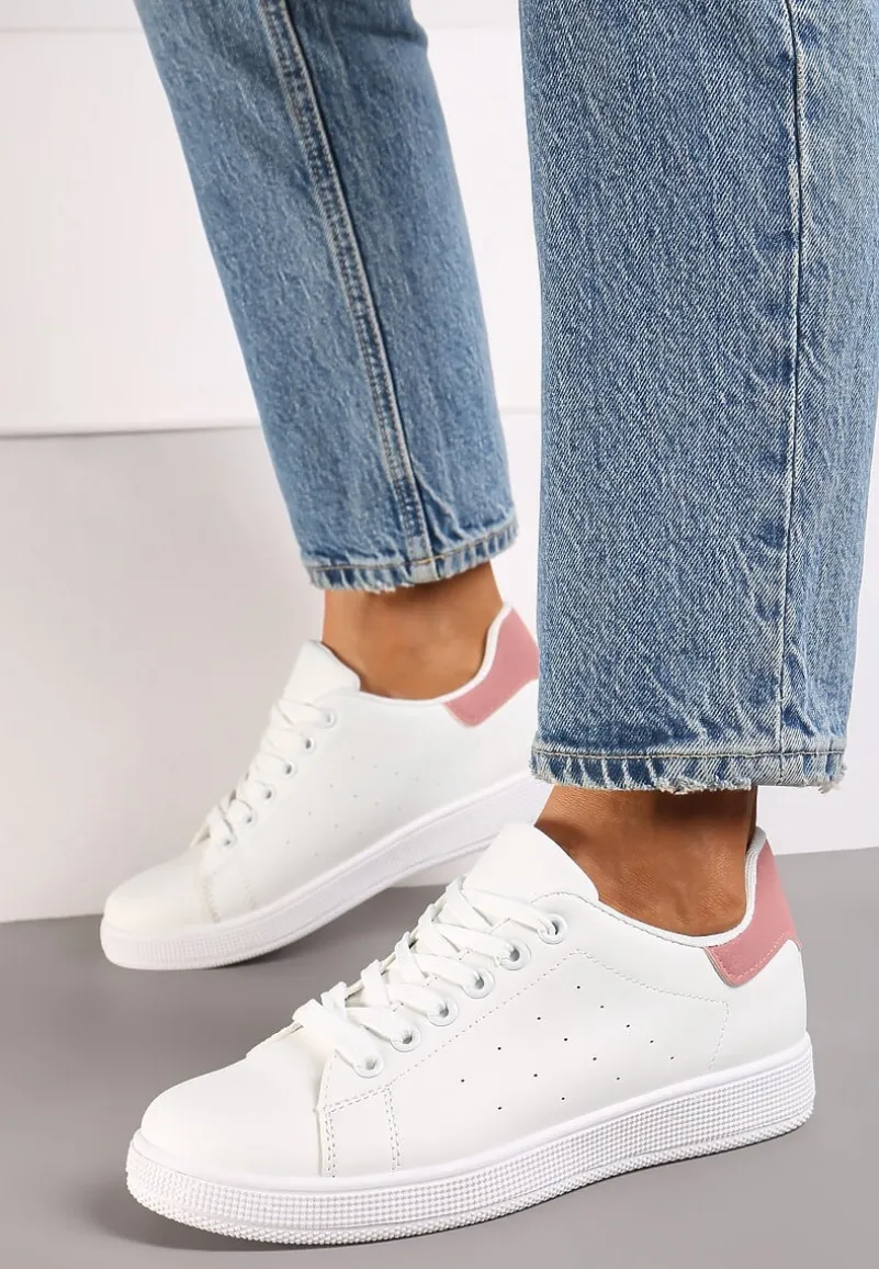 Biało-Różowe Casualowe Sneakersy na Płaskiej Podeszwie Aniefra