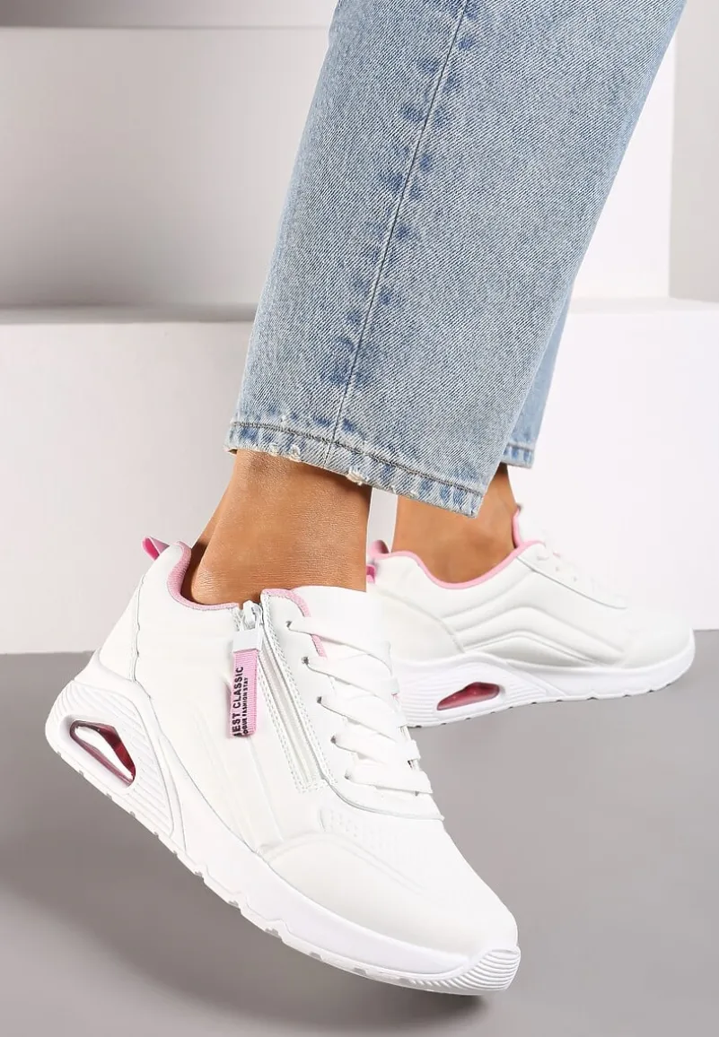 Biało-Różowe Sneakersy na Platformie z Przezroczystą Wstawką i Suwakiem z Napisami Valentinae