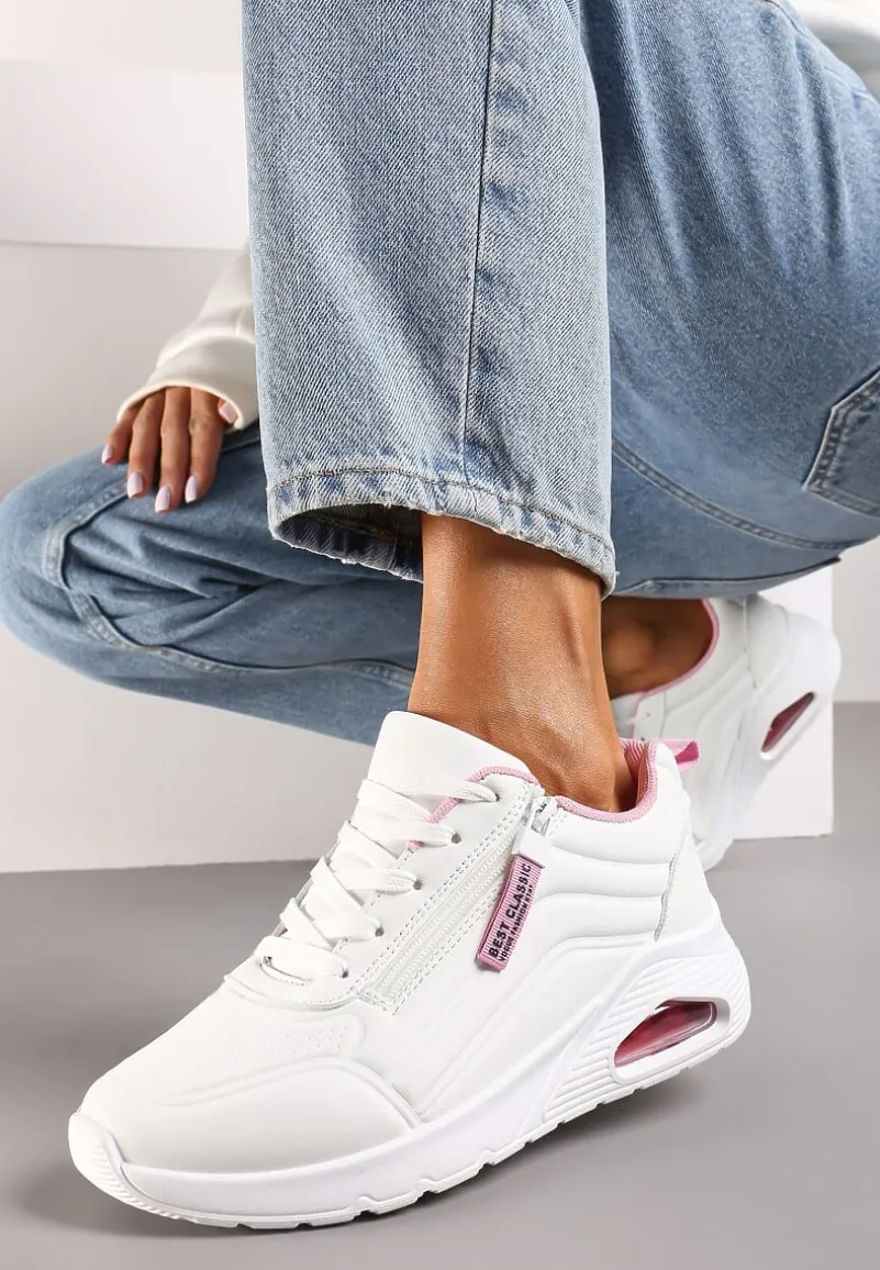 Biało-Różowe Sneakersy na Platformie z Przezroczystą Wstawką i Suwakiem z Napisami Valentinae