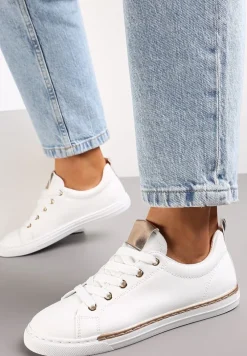 Biało-Szampańskie Sneakersy na Płaskiej Podeszwie z Imitacji Skóry Shalmeasi