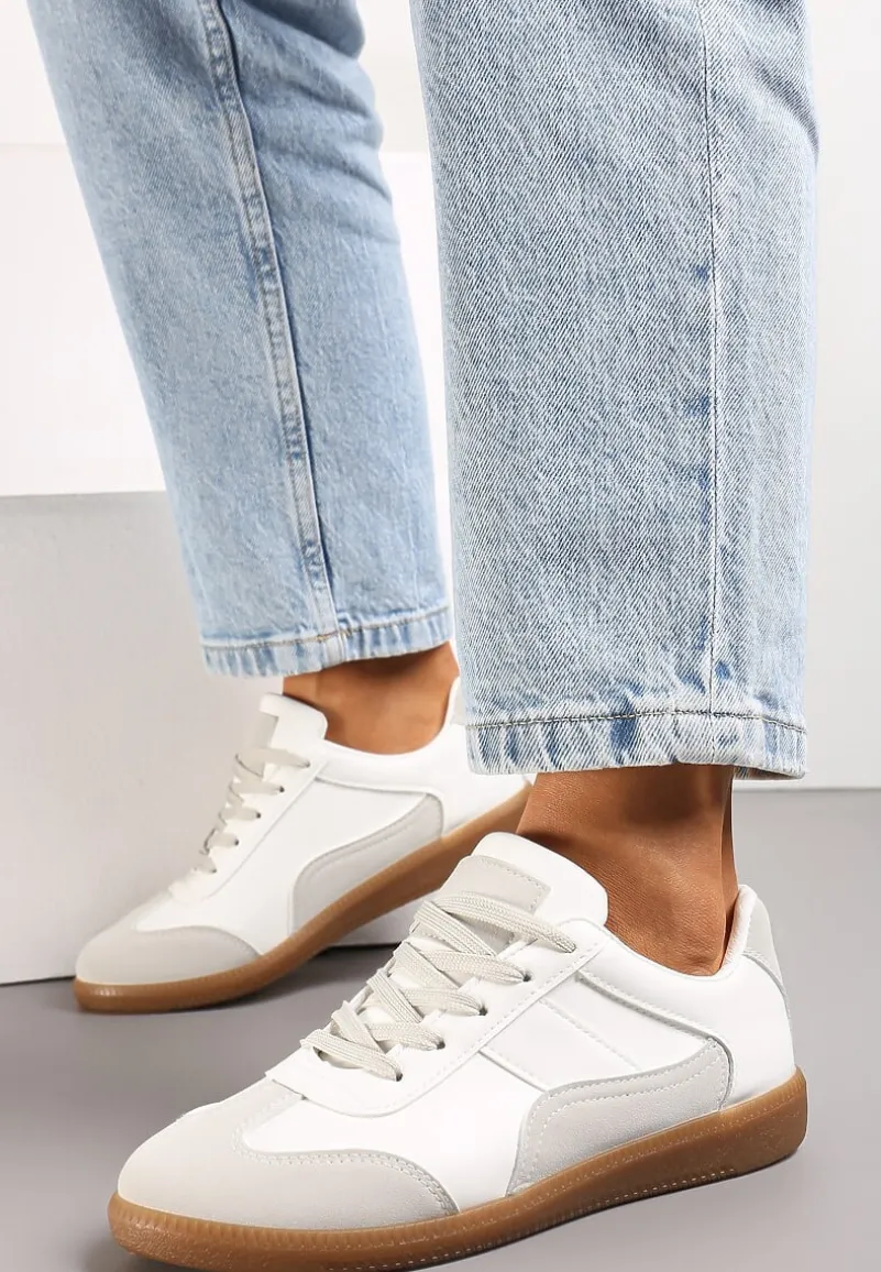 Biało-Szare Sneakersy z Ozdobnymi Przeszyciami przed Kostkę Redala