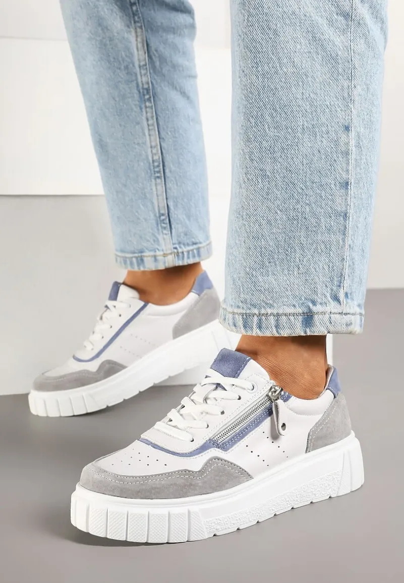 Biało-Szare Streetwearowe Sneakersy ze Skóry Naturalnej z Ozdobnym Suwakiem Eleavenna