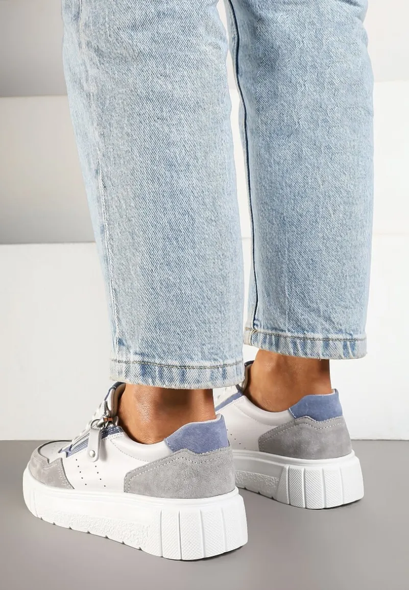 Biało-Szare Streetwearowe Sneakersy ze Skóry Naturalnej z Ozdobnym Suwakiem Eleavenna