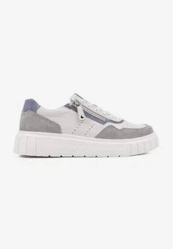 Biało-Szare Streetwearowe Sneakersy ze Skóry Naturalnej z Ozdobnym Suwakiem Eleavenna