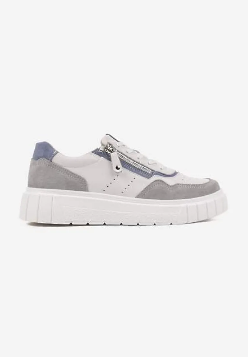 Biało-Szare Streetwearowe Sneakersy ze Skóry Naturalnej z Ozdobnym Suwakiem Eleavenna