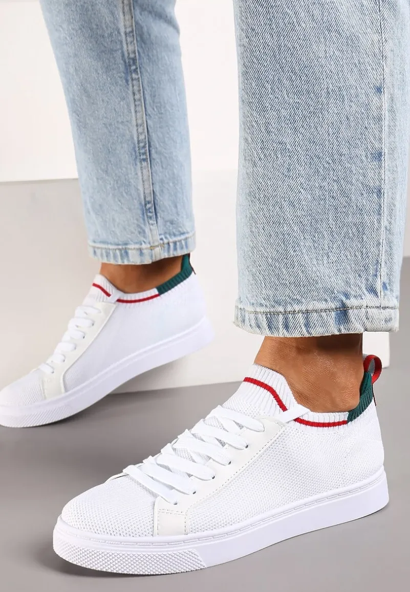 Biało-Zielone Płaskie Sneakersy Wsuwane z Imitacji Skóry ze Sznurowaniami Gaxia