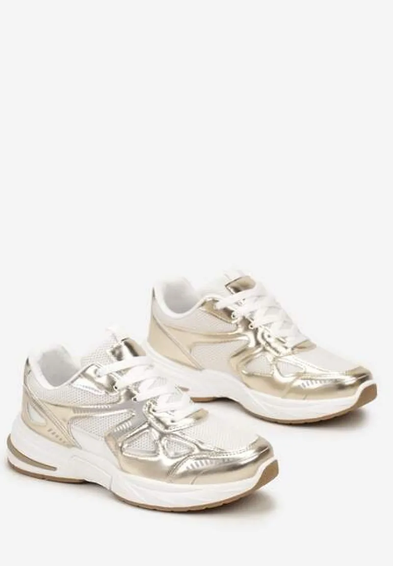 Biało-Złote Sneakersy ze Wstawkami z Ekoskóry na Grubej Podeszwie Elperna