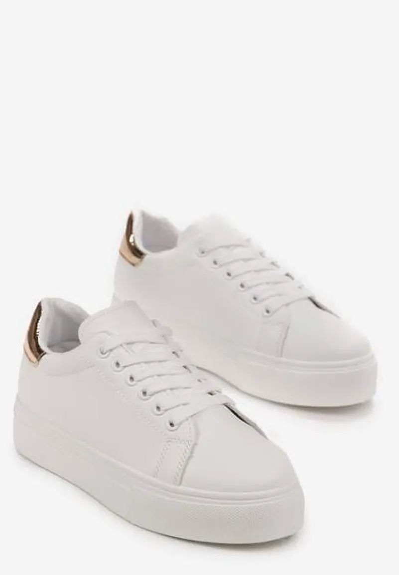 Biało-Złote Sznurowane Sneakersy z Cholewką przed Kostkę Narelina