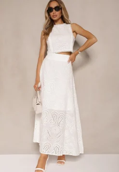 Biały Ażurowy Komplet z Haftowanej Tkaniny Top i Spódnica Salamira
