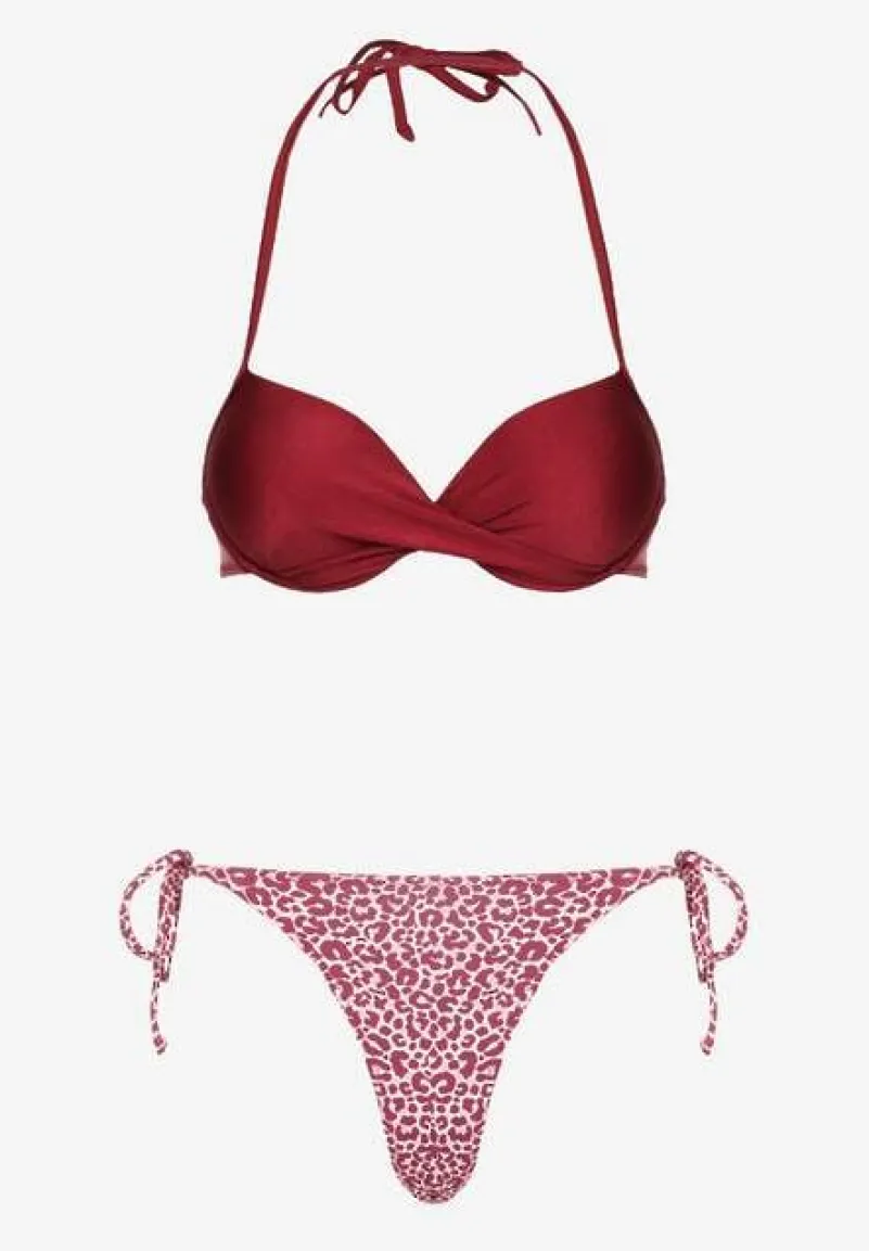 Bordowe Wiązane Bikini Biustonosz Halter i Majtki Figi Savadine