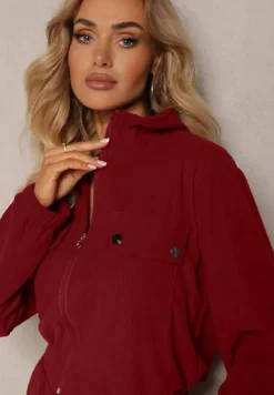 Bordowy Komplet Dresowy w Prążki Bluza Kurtka Rozpinana z Kołnierzykiem i Spodnie Lisulla