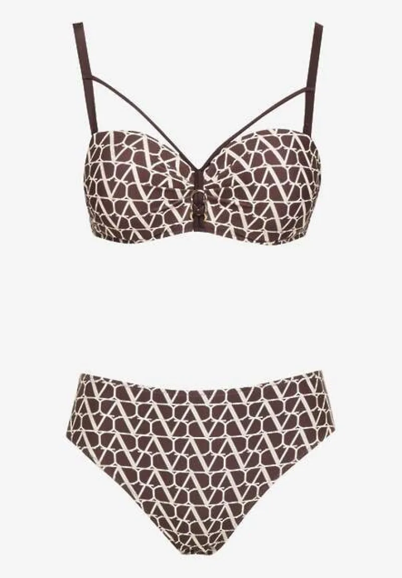 Brązowe Bikini Biustonosz i Majtki Typu Figi w Geometryczny Wzór Linarissa