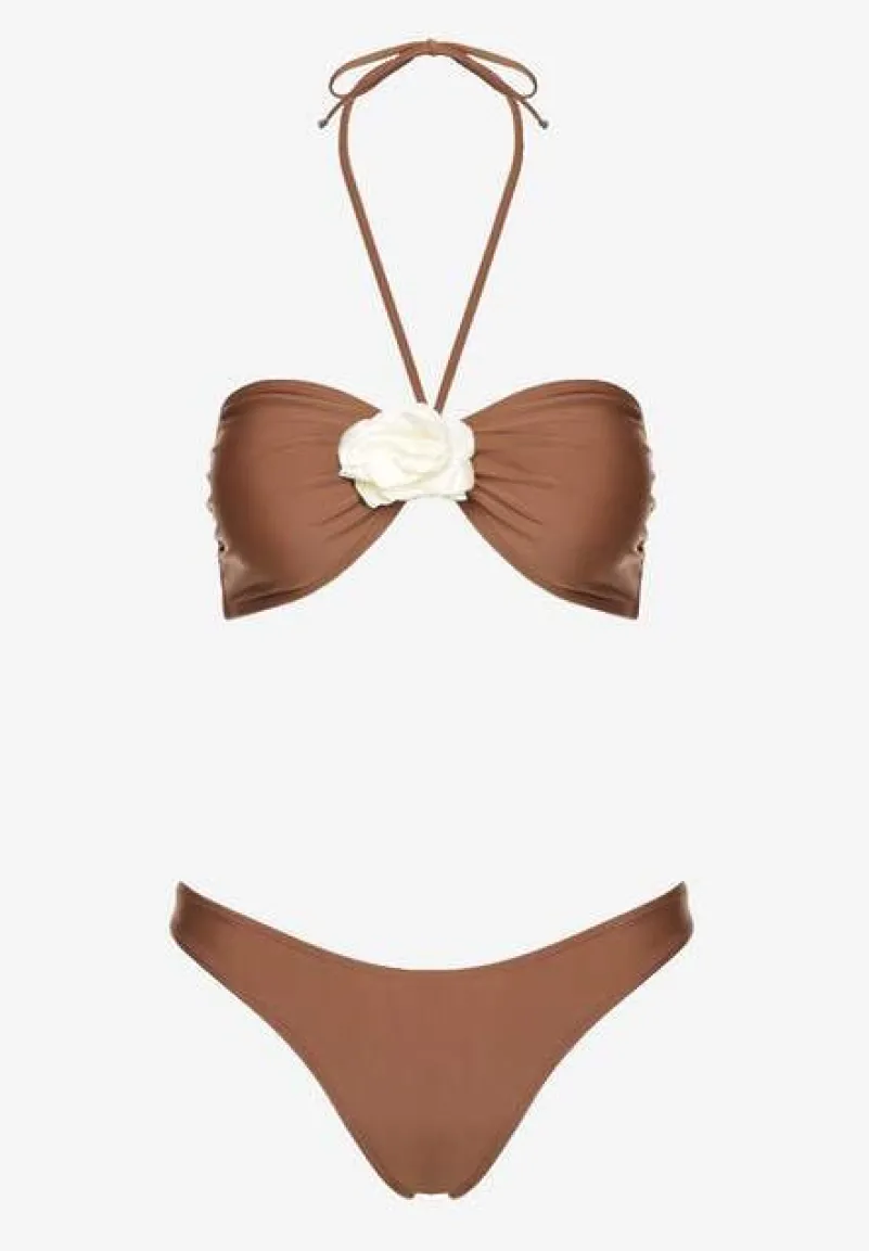 Brązowe Bikini ze Spódniczką Ozdobione Kwiatową Aplikacją 3D Coren