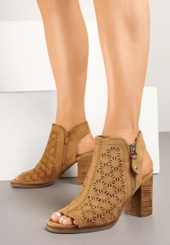 Brązowe Sandały Botki Peep Toe na Obcasie z Ażurową Cholewką Julliane
