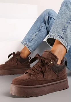 Brązowe Sneakersy na Platformie ze Sznurowaniem Ozdobione Futerkiem Vaivelle