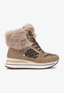 Brązowe Sneakersy na Platformie z Metalicznymi Wstawkami i Futerkiem Miavora