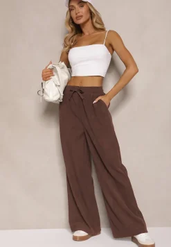 Brązowe Spodnie o Szerokim Kroju High Waist z Wiązaniem w Pasie Ettianne