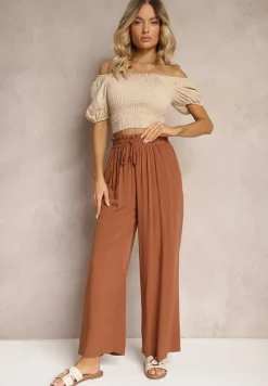 Brązowe Spodnie z Bawełny High Waist z Szerokimi Nogawkami i Gumką w Pasie Clisea