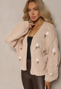 Brązowy Kardigan w Kwiatowe Aplikacje z Zapięciem na Elegancką Agrafkę Patista
