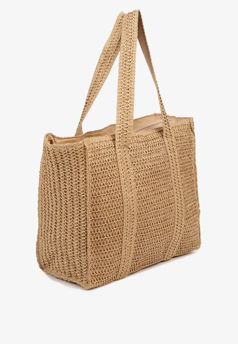 Ciemnobeżowa Torebka Shopper Plażowa z Plecionki Galavisena