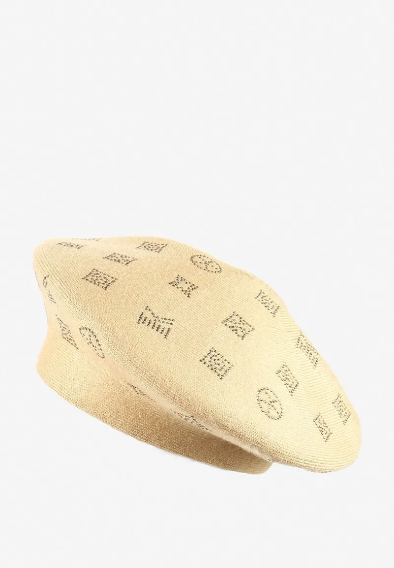 Ciemnobeżowa Czapka Beret w Naszywki w Cyrkonie Nlaria