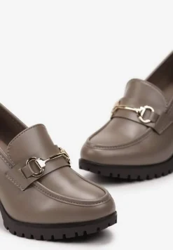 Ciemnobeżowe Eleganckie Półbuty na Obcasie z Platformą Ozdobione Klamrą Paivessa