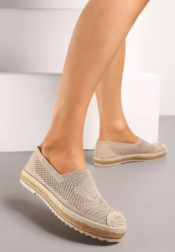 Ciemnobeżowe Espadryle na Plecionej Podeszwie z Ażurową Cholewką Uraian