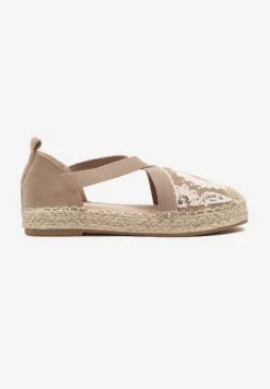 Ciemnobeżowe Espadryle w Stylu Boho Zdobione Haftem Cekinami i Plecionką Idariva