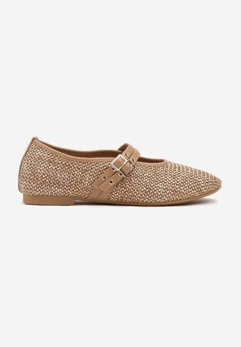 Ciemnobeżowe Plecione Balerinki Mary Jane na Płaskiej Podeszwie Firmi