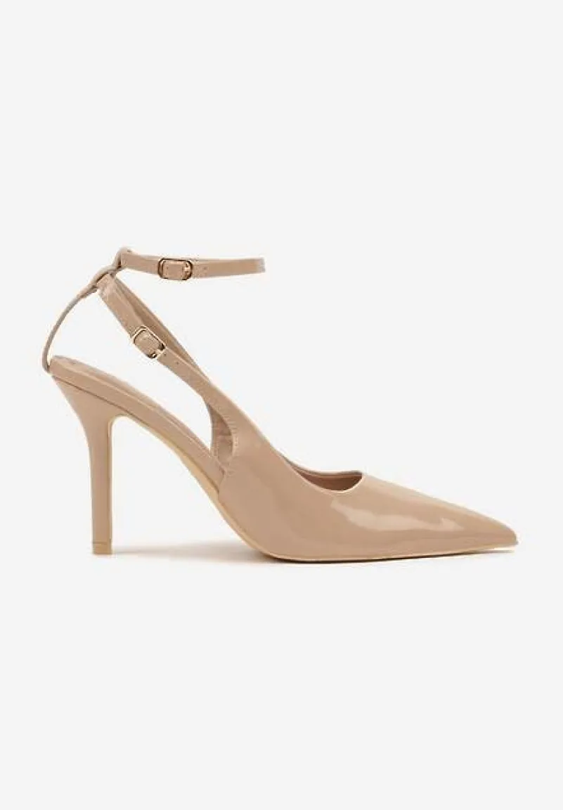 Ciemnobeżowe Sandały Lakierowane Vices na Szpilce Typu Slingback Dolenita
