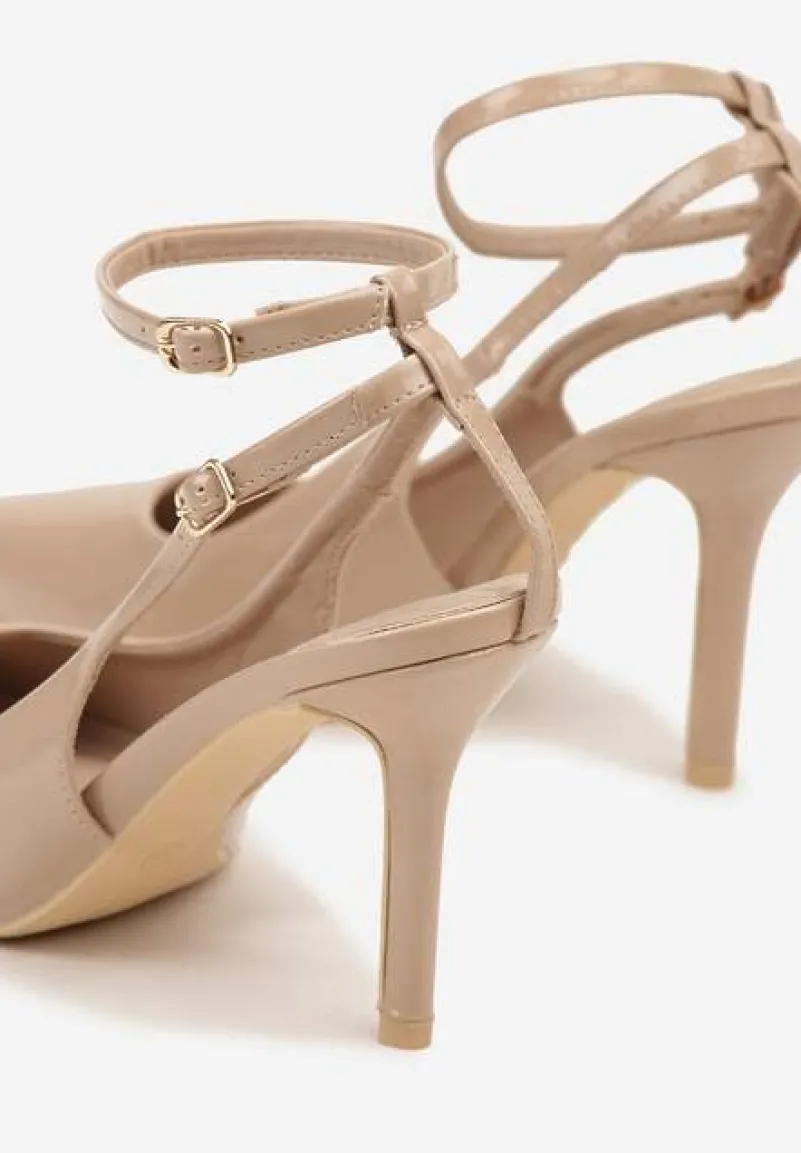 Ciemnobeżowe Sandały Lakierowane Vices na Szpilce Typu Slingback Dolenita