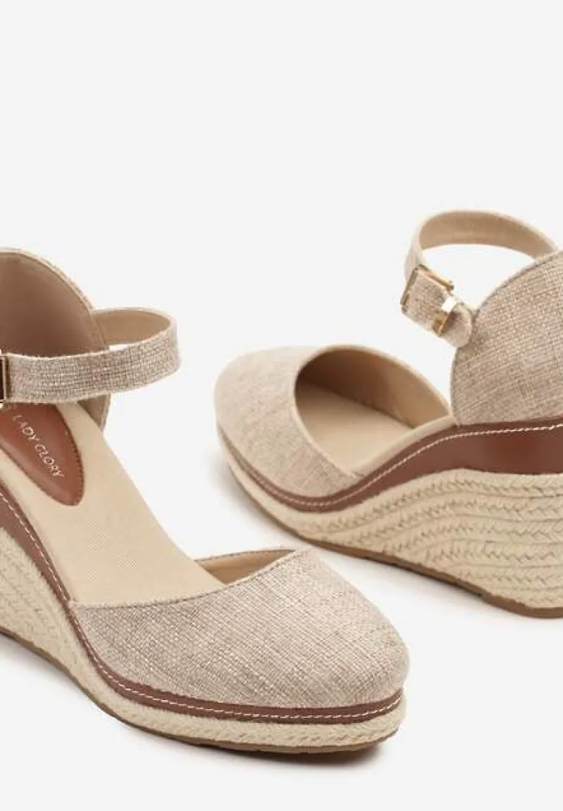 Ciemnobeżowe Sandały na Koturnie z Plecionką w Stylu Espadryli Alathria