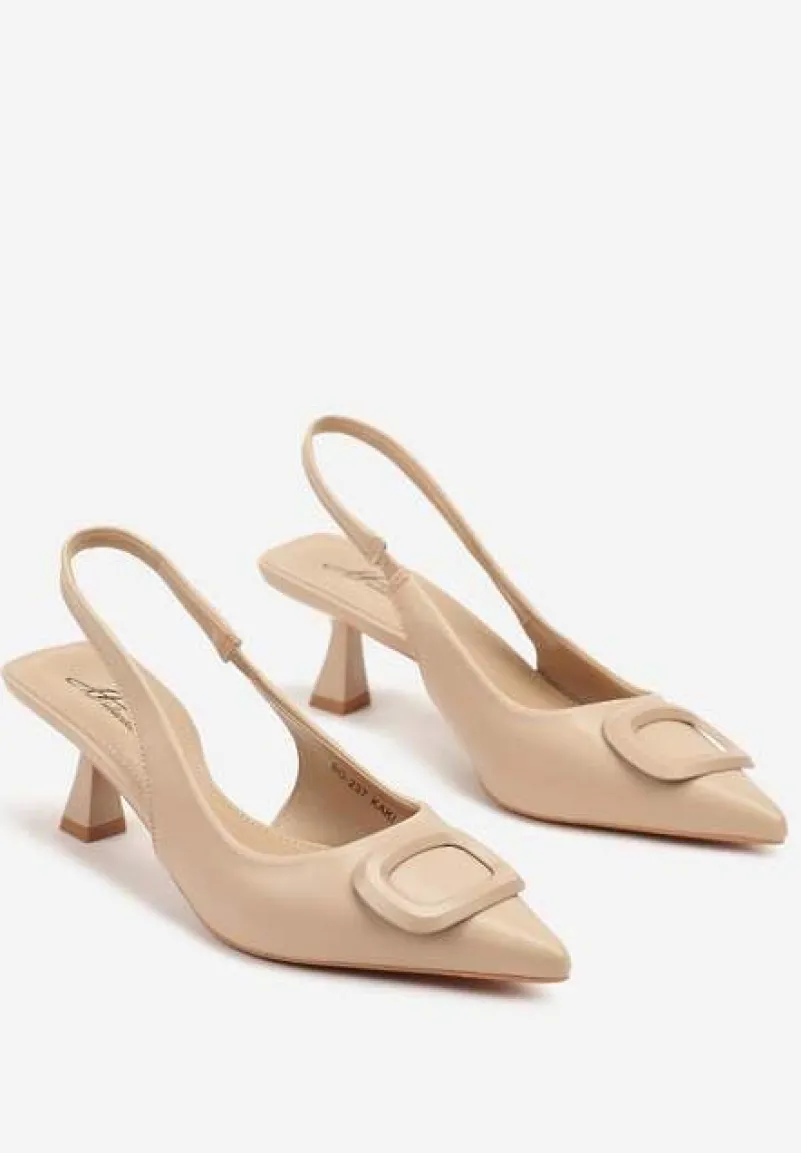 Ciemnobeżowe Sandały na Szpilce Kaczuszce Slingback z Geometryczną Aplikacją Melanoriel