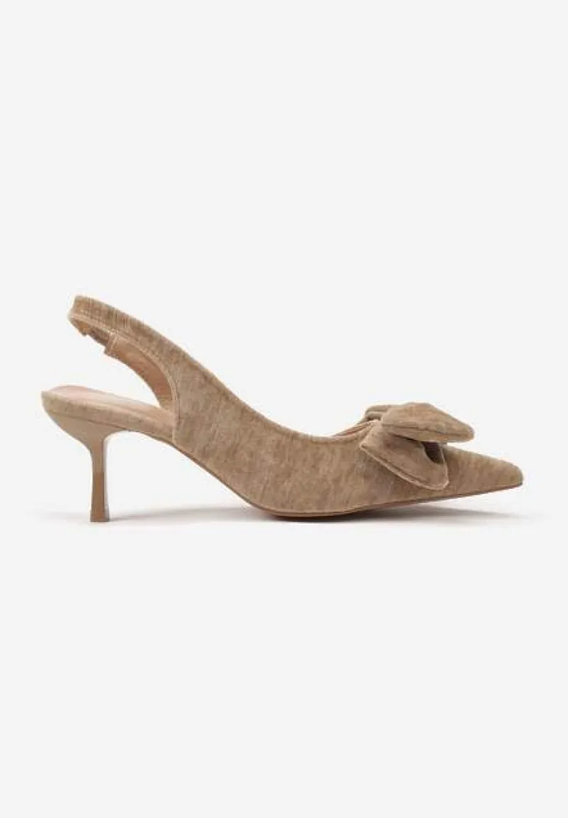 Ciemnobeżowe Sandały na Szpilce Slingback z Kokardą Sunaiel