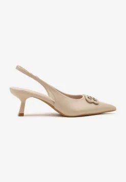 Ciemnobeżowe Sandały Vices na Kaczuszce Typu Slingback Ozdobione Metaliczną Aplikacją Lilarunea