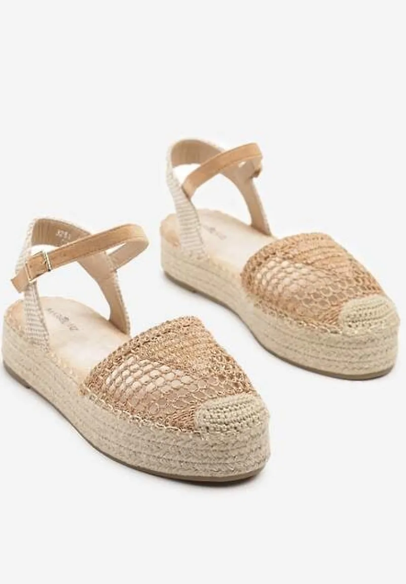 Ciemnobeżowe Sandały w Stylu Espadryli z Plecioną Platformą i Cholewką Elisova