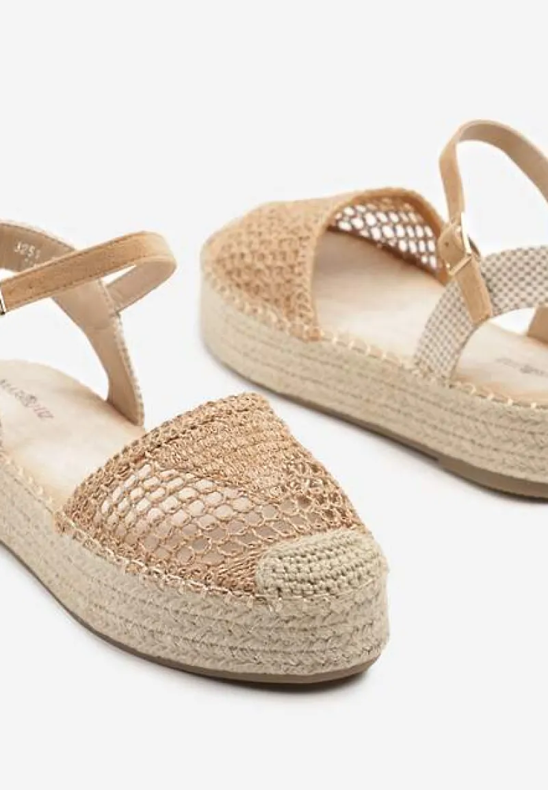 Ciemnobeżowe Sandały w Stylu Espadryli z Plecioną Platformą i Cholewką Elisova