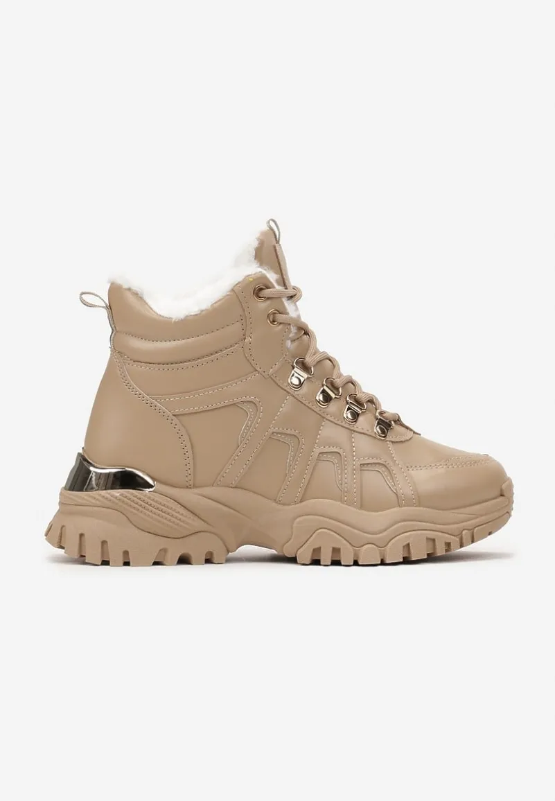 Ciemnobeżowe Sneakersy na Grubej Podeszwie z Ozdobnymi Przeszyciami i Futerkiem Selenita